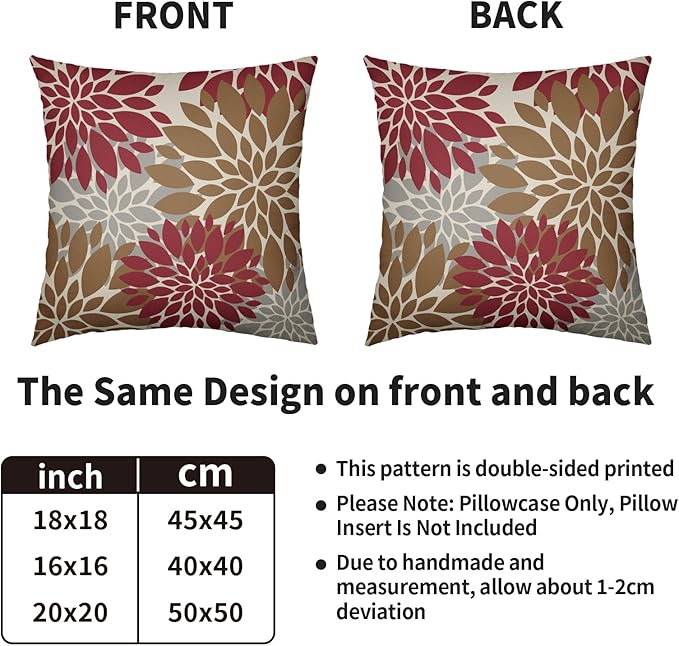 Brown Red Pillow Covers 24X24 Inch Set of 2, Dahlia Flower Spring Summer Floral Cream Decorative Throw Pillow Covers Outdoor Modern Farmhouse Cushion Case for Home Couch Sofa Bed Decor