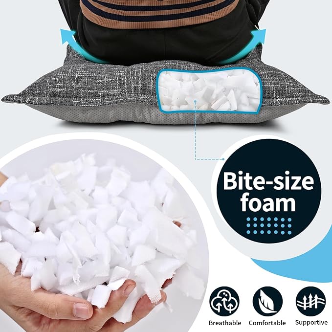 SINSOSSO Large Floor Pillows 22", Thickened Bite-Size Memory Foam Square Non-Slip Cushions for Office Back Support/Yoga/Chair Seat, Fashionable Color-Blocked Fabric & Washable, Light Gray, 2 PCS