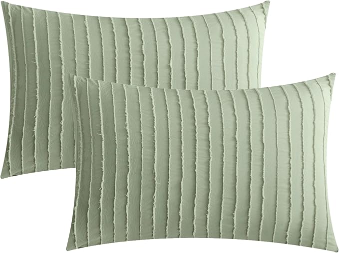 JELLYMONI Pillowcases Standard Size Light Green 2 Pack Boho Striped Bed Pillow Covers 20x26in Polyester Envelope Pillow Shams Tufted Bohemian Textured (Pillows are not Included)