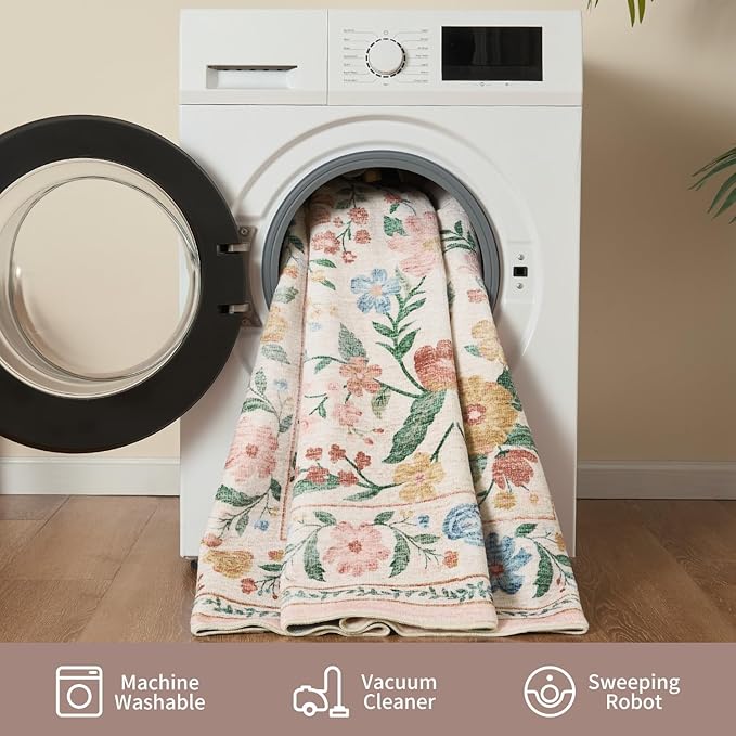 AMOAMI Vintage Floral 5x7 Area Rugs for Living Room Rug, Machine Washable Rug Non Slip Large Area Rug for Bedroom Indoor Low Pile Carpet Ultra Soft Boho Rugs for Dining Room Playroom Office, Beige