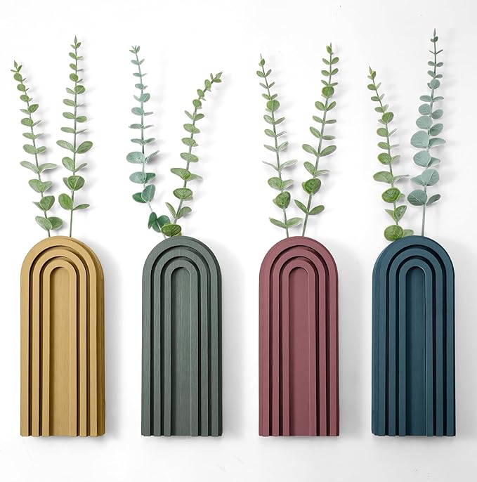 4 Pack Wood Wall Planter Indoor Wall Decor Plant Holders Boho Hanging Planter Vases for Modern Farmhouse Living Room Bedroom Rainbow Decor (Morandi Color)