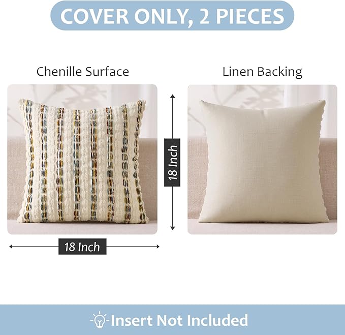 ANRODUO Boho Chenille Pillow Covers with Textured Tufted Stripes 18x18 Inch Set of 2 Woven Decorative Cushion Case Farmhouse Accent Neutral Pillowcase for Couch Sofa Bed Living Room Decor, Brown White