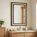 Rectangle Rattan Mirror, 24"x32" Rattan Wall Mirror for Bathroom, Large Farmhouse Wooden Mirror with Handmade Wicker Frame, Decorative Boho Mirror for Nursery Bedroom Living Room Entryway Black
