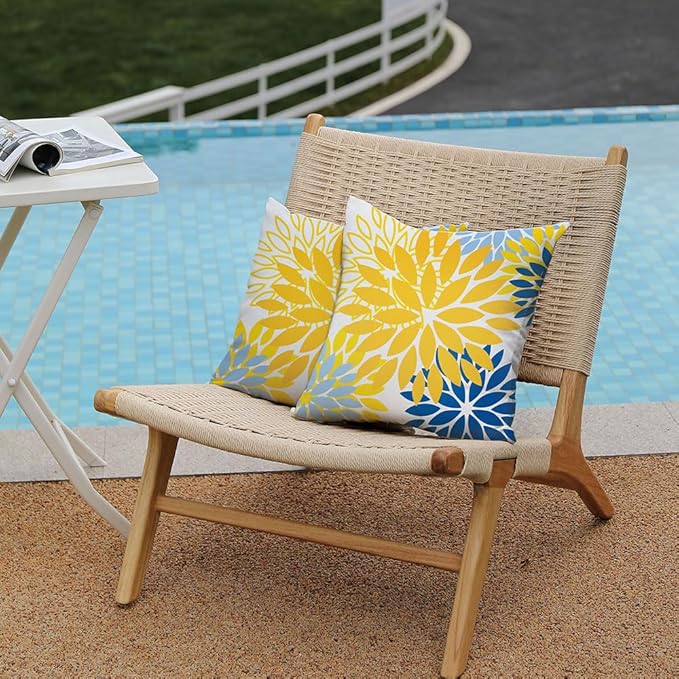 DFXSZ Yellow Blue Flower Pillow Covers 24x24 Inch Set of 2 White Gray Colored Throw Pillows Outdoor Waterproof Decor for Living Room Sofa Patio Funiture Garden Floral Polyester Pillow Covers 002J24