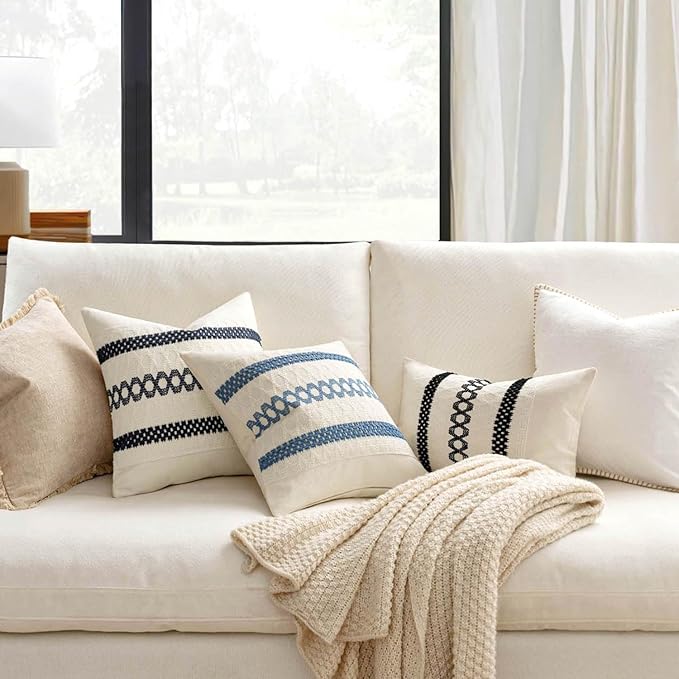 MIULEE Set of 2 Coastal Blue Boho Decorative Lumbar Pillow Covers 12x20 Inch Farmhouse Rustic Couch Throw Pillows Modern Summer Cushion Covers Retro Cute Macrame Woven Spring Decor for Bed Sofa Chair