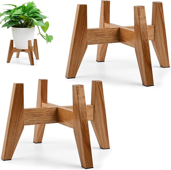 Wood Plant Stand Indoor (Set of 2) – 7 Inch Acacia Wood Plant Holder Stand for Pots, Small Mid Century Modern Planter Stand, 6 Inch Height Elevated Wooden Plant Stand (Stand Only)