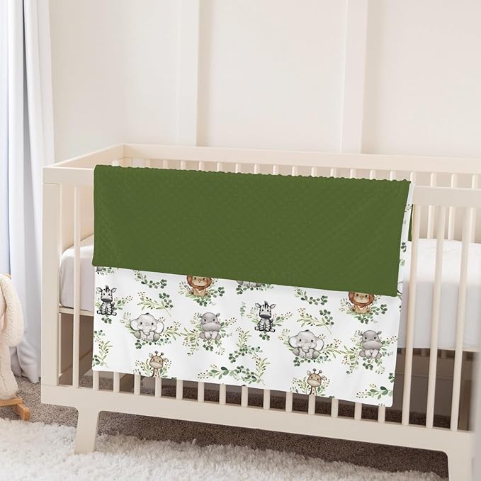 Cute Jungle Safari Animals Green Leaves Baby Blankets for Girl Boy Lion Giraffe Elephant Zebra Soft Mink Dotted Backing Double Layer Swaddle Blanket Bed Throw for Newborn Infant Toddler Nursery 30x40