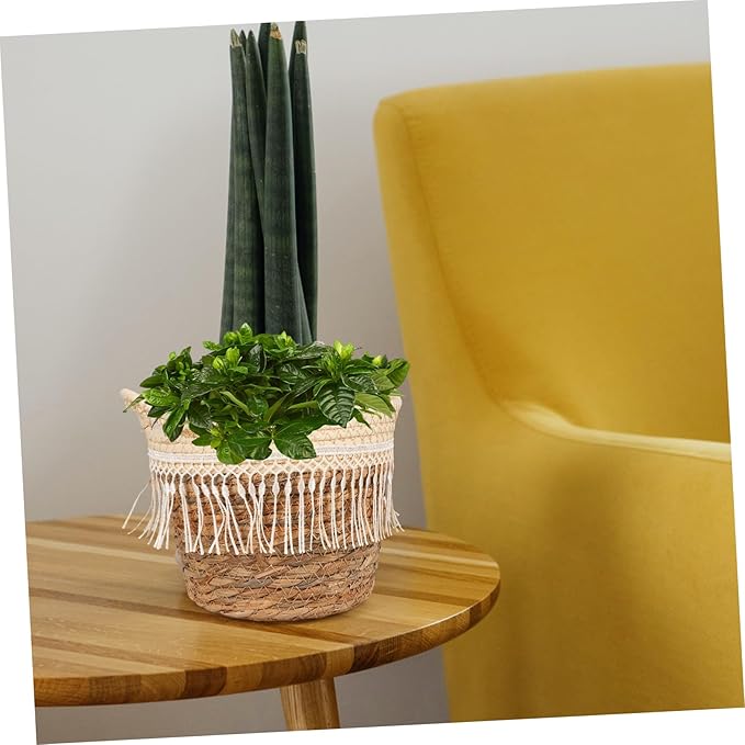 Toyvian Rustic Woven Planter Basket with Liner and Tassel Handcrafted Grass Rope Flower Pot Holder for Indoor Plants Boho Decorative Farmhouse Storage and Flower Arrangement Container