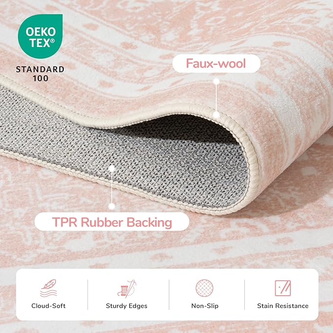Lessymo 5x7 Area Rugs- Machine Washable Area Rugs, Super Soft Faux-Wool Area Rug for Living Room Bedroom, Boho Area Rug Vintage Floral Medallion Non-Slip Low Pile, Kid & Pet Friendly, Pink