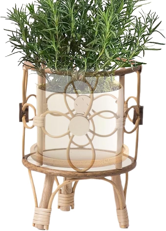 Rattan Plant Stand - 28x21x20cm, ABS Wood, Natural Brown, Hollow Stool Shelf, Pot Holder, Rustic Display Rack | Indoor Outdoor Boho Style Balcony Patio Living Room Decorative Flower Stand