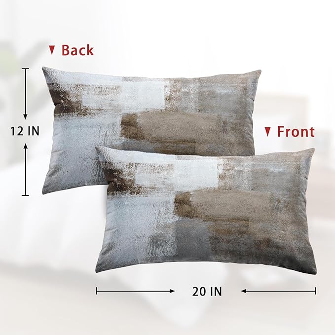 Britimes Throw Pillow Covers Modern Home Art Decor, 12 x 20 Inches Set of 2 Abstract Oil Painting Pillowcases for Bedroom, Living Room, Cushion Couch Sofa, Beige Home Grey Brown
