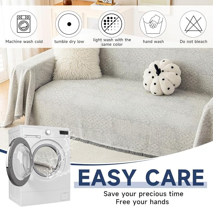 ROOMLIFE Gray Couch Cover Boho Sofa Covers for 3 Cushion Couch Washable, Furniture Protector Sofa Couch Cover for Dogs, Soft Breathable Sofa Slipcover, Couch Throw Blankets with Tassels 71''X134''