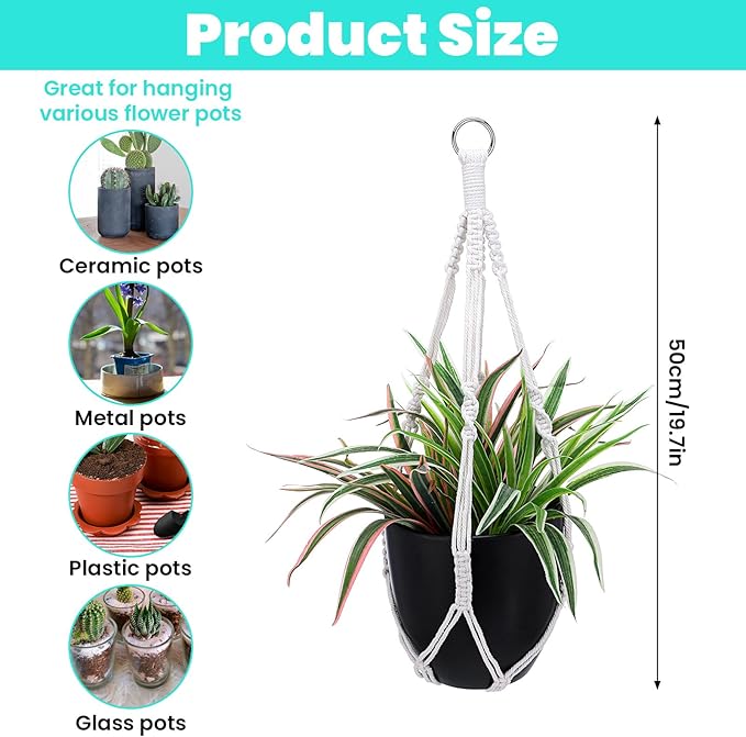Macrame Plant Hanger Boho Hanging Planters Basket Rope for Indoor Plants Decorative Braided Cotton Rope Flower Pot Holder with Metal Hook Rings for Outdoor Home Decor, Ivory, 22 in