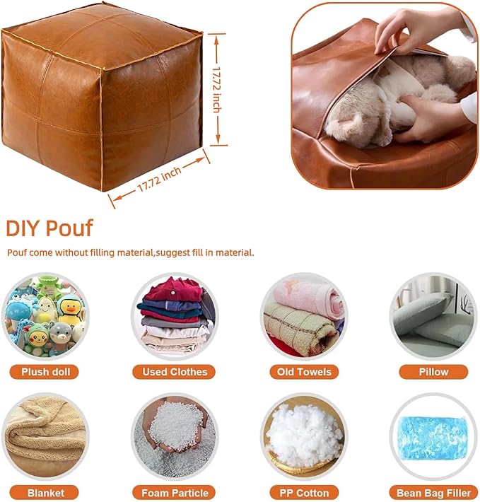 Pouf Ottoman - Unstuffed Handmade Faux PU Leather Moroccan Style, Eco-Friendly Pouf Cover with Storage Potential, Foot Rest for Living Room, Floor Chair Gifts for Men & Women (Vintage Orange)