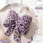 Leopard Print Throw Pillow Furry Bow Plush Pillows Cute Flower Plush Pillow Cheetah Home Decor Stuffed Bow Lumbar Pillow for Bed Couch Living Room Decor (Purple, 16in)