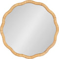 Kate and Laurel Rahfy Boho Scalloped Round Rattan Mirror; 26 Inch Diameter; Natural Wood; Decorative Round Wavy Mirror with Authentic Rattan Frame for Boho Wall Decor