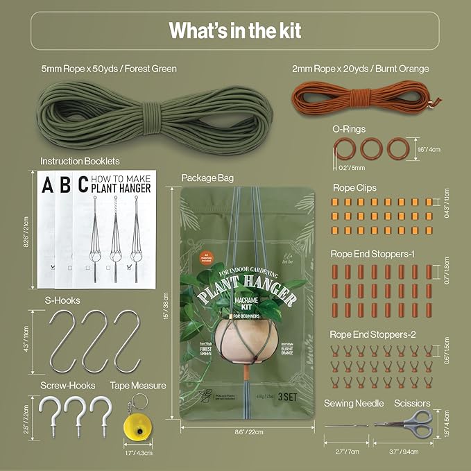 Macrame Kits for Beginners, 3 Set of Plant Hangers DIY Kit: Braided Polyester Ropes 50yds*5mm Forest Green, 20yds*2mm Burnt Orange, 60+Pcs Supplies with Step-by-Step Easy Instructions (GROR)