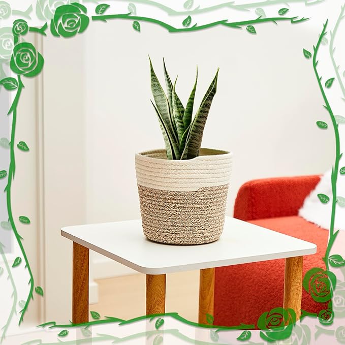 3 Pcs Cotton Rope Plant Basket with Plastic Liner Rustic Plant Basket Planters Modern Woven Decorative Pots for Home Flower Indoor Storage Decor, 7.5 x 6.5 Inches(White, Beige)