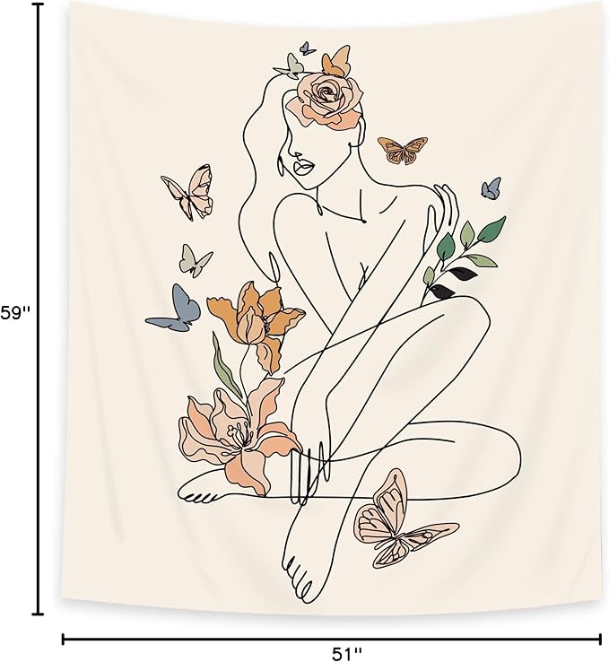 SVBright Abstract Woman Fabric Wall Hanging Tapestry 51Wx59H Inch Simple Modern Butterfly Flower Leaves Minimalist Art Line Plant Aesthetic Portrait Sketch Home Decor Art for Living Room Bedroom Dorm