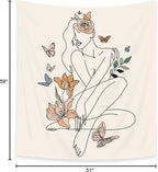 SVBright Abstract Woman Fabric Wall Hanging Tapestry 51Wx59H Inch Simple Modern Butterfly Flower Leaves Minimalist Art Line Plant Aesthetic Portrait Sketch Home Decor Art for Living Room Bedroom Dorm
