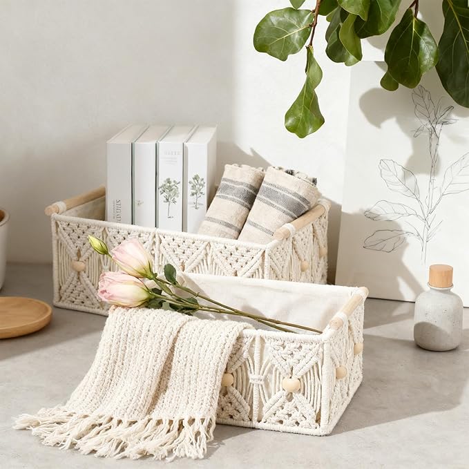 ANMINY 3PCS Macrame Storage Baskets for Organizing Boho Decor Baskets Storage Bins with Wood Handles & Beads Handmade Decorative Storage Boxes with Removable Liner Toilet Tank Bathroom Self Basket