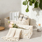 ANMINY 3PCS Macrame Storage Baskets for Organizing Boho Decor Baskets Storage Bins with Wood Handles & Beads Handmade Decorative Storage Boxes with Removable Liner Toilet Tank Bathroom Self Basket