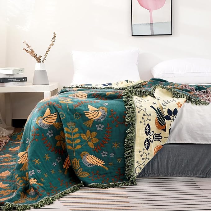 Boho Throw Blanket, 100% Organic Cotton Breathable Ultra Soft 50" x 60" Bed Quilt Throw - Floral Rustic Bird Farmhouse Decor Luxury Reversible Blanket for Sofa Couch Chair and Gift,Teal/Beige