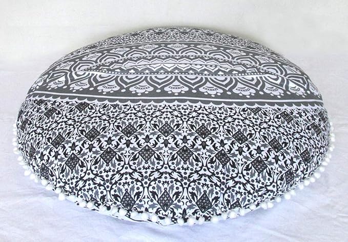 ICC 32 Inch Floor Pillows & Cushions covers Decorative Hippie Mandala Pouf Pillow covers Bohemian Seating Meditation Cushion Cover Large Boho Ottoman Case Pillowcase for Couch Grey