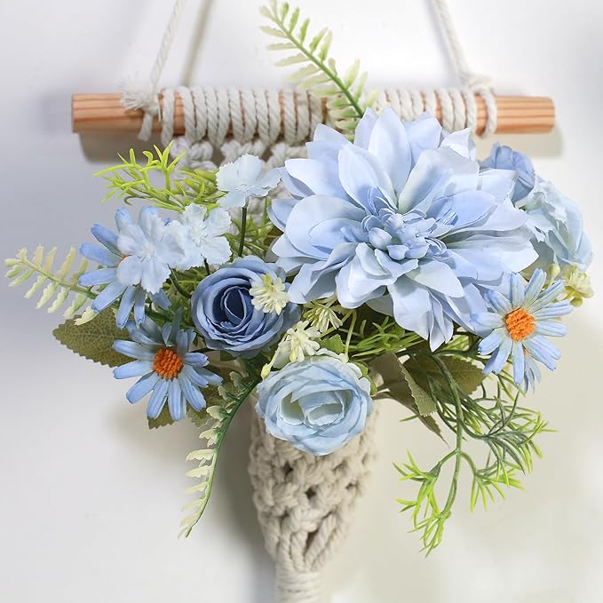 Macrame Wall Hanging with Artificial Flowers, Wall Decorative Art, Handwoven Cotton RopeTapestry, Woven Tassels Boho Home Decoration,8x23 Inches, Set of 2 (Blue Fake Flower)