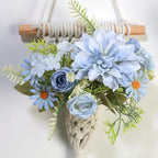 Macrame Wall Hanging with Artificial Flowers, Wall Decorative Art, Handwoven Cotton RopeTapestry, Woven Tassels Boho Home Decoration,8x23 Inches, Set of 2 (Blue Fake Flower)