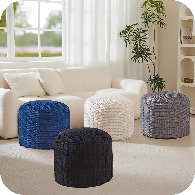 Round Stuffed Pouf, Corduroy Poufs with Foam Chunk Filling,26 X 18 Inches Floor Poufs Foot Rest for Living Room
