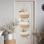 TeoKJ 3-Tier Hanging Baskets for Storage with Pearl Button Strap, Cotton Rope Over the Door Organizer, Wall-Mounted with Hook Decorative Hanging Kitchen Baskets, White & Jute