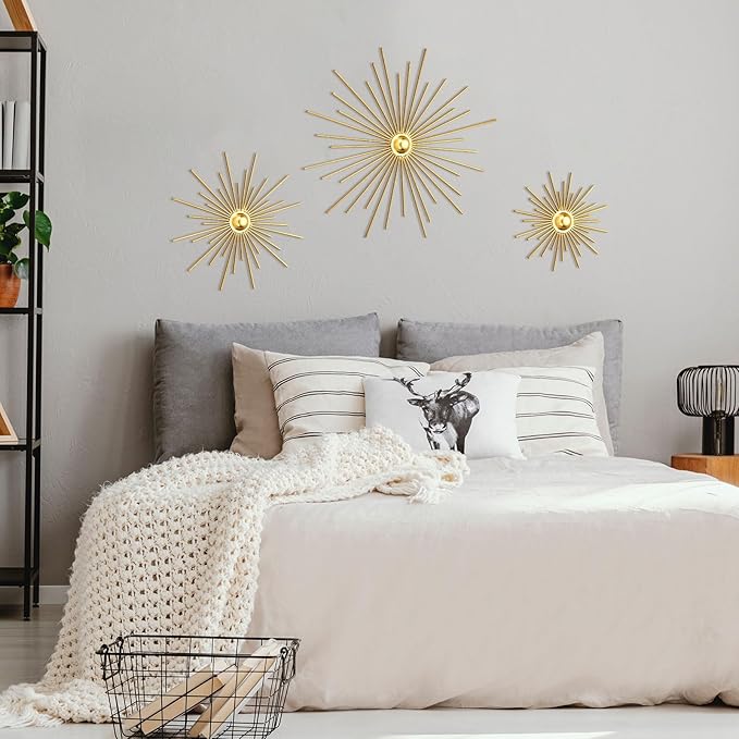 3 Pack Gold Sunburst Mirrors for Wall Decor Circle Flowers Mirrors Decorative Gold Hanging Wall Art Flowers Mirror for Home Living Dinning Room Bedroom Bathroom Boho Decoration(Cute)