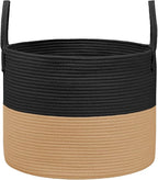 65L Extra Large Blanket Basket for Living Room - Woven Cotton Rope Laundry Hamper with Reinforced Handles - Storage Bin for Pillows, Comforters & Toys - Machine Washable,Black&Jute