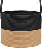 115L Extra Large Blanket Basket for Living Room - Woven Cotton Rope Laundry Hamper with Reinforced Handles - Storage Bin for Pillows, Comforters & Toys - Machine Washable,Black&Jute