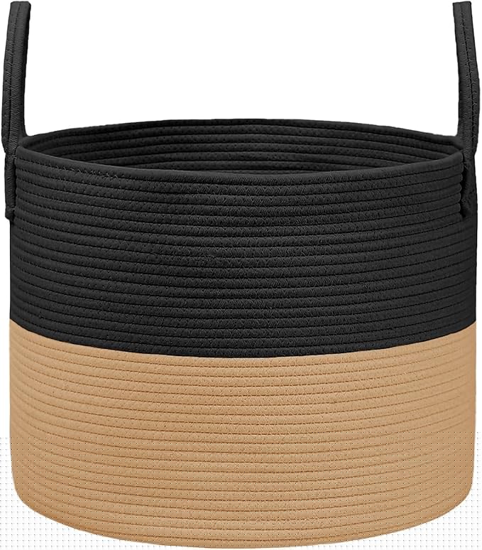 115L Extra Large Blanket Basket for Living Room - Woven Cotton Rope Laundry Hamper with Reinforced Handles - Storage Bin for Pillows, Comforters & Toys - Machine Washable,Black&Jute
