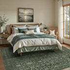 5x7 Area Rugs for Living Room Bedroom, Washable Rug, Green Vintage Floral Boho Rug, Non Slip & Low Pile Faux Wool Thin Carpet for Indoor Dining Room and Kids Room(Green 5x7ft)