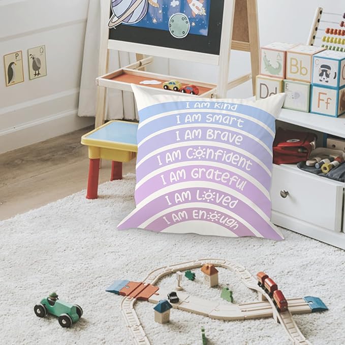 QIYUHOY Rainbow Classroom Throw Pillow Covers, Book Center Calming Corner Playroom Decor Pillow Case, Purple Pillow Cover, I Am Kind Smart Brave Confidence 18x18 Inch Pillowcase（Royal Purple）
