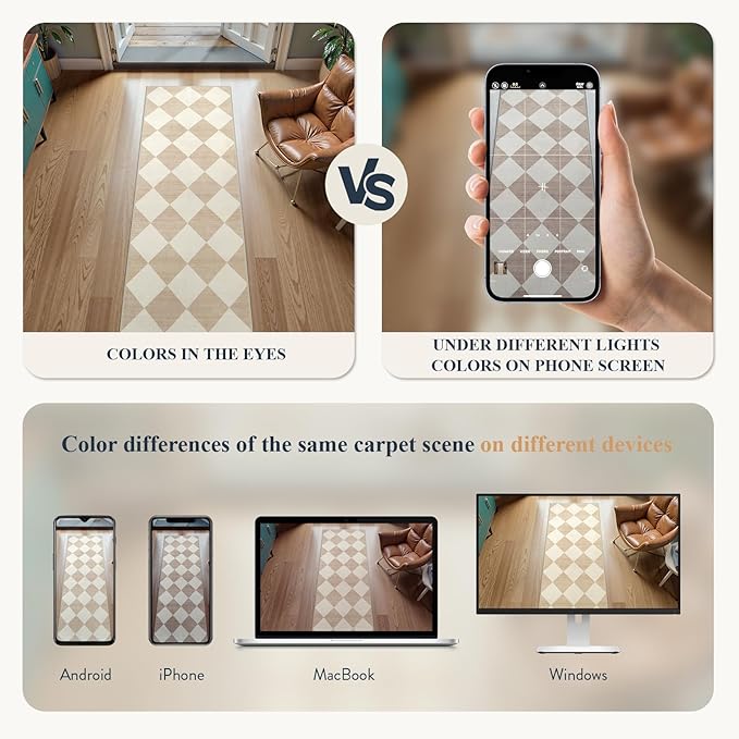 Beeiva Checkered Print Long Hallway Runner Rug Non Slip, Beige Ultra Thin 2.5x10 Washable Runner Rug, Moroccan Trellis Home Decor Faux Wool Neutral Carpet for Bathroom Kitchen Hallways, 10ft