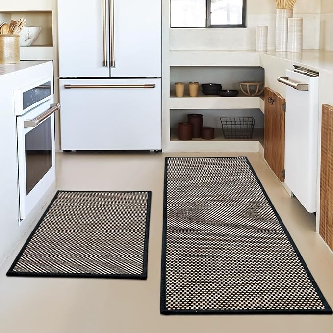Artoid Mode Washable Non-Skid Kitchen Rugs and Mats Set of 2, Rubber Backing Home Decor Kitchen Mats for Floor Front of Sink Black - 17x29 and 17x47 Inch