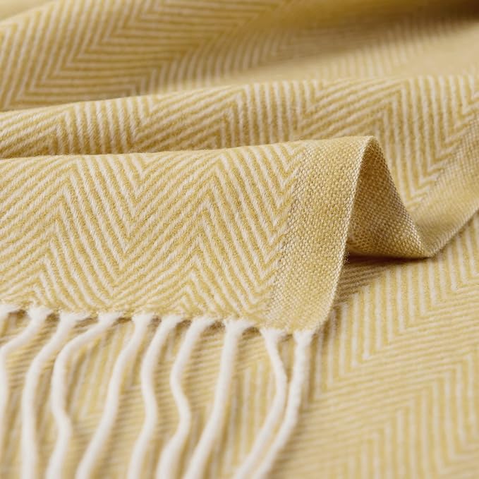 BOURINA Decorative Herringbone Faux Cashmere Fringe Throw Blanket Lightweight Soft Cozy for Bed or Sofa Farmhouse Outdoor Throw Blankets, 50" x 60", Light Yellow