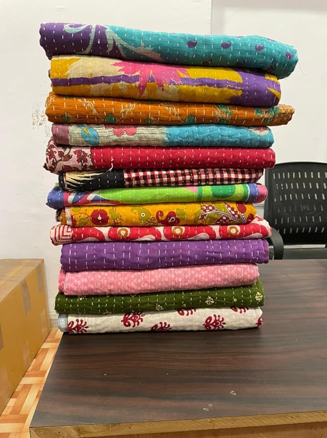Indian Wholesale Handmade Cotton Kantha Quilts Vintage Bed Cover Rally Throw Old Sari Made Assorted Color Patchwork Blanket Reversible Tribal Boho Bedding Bedspread Gudri Twin Size