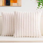 Pack of 2 Faux Fur Fall Throw Pillow Covers 16x16 Inch, Soft Plush Striped Neutral Couch Pillow Cover, with Velvet Back Modern Home Decor for Sofa Living Room Couch Bed Cream White