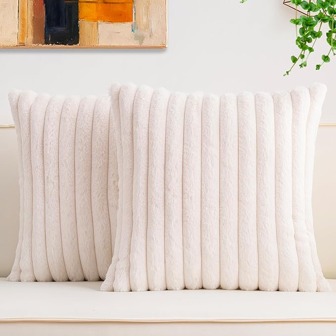 Pack of 2 Faux Fur Fall Throw Pillow Covers 22x22 Inch, Soft Plush Striped Neutral Couch Pillow Cover, with Velvet Back Modern Home Decor for Sofa Living Room Couch Bed Cream White
