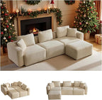 VINGLI 112.2“ Convertible Corduroy Cloud Sectional Couches with Movable Ottoman, L-Shaped Boneless Couches for Living Room with Deep Seat, 3 Seater Modular Spineless Sofa, No Assembly Required, Cream