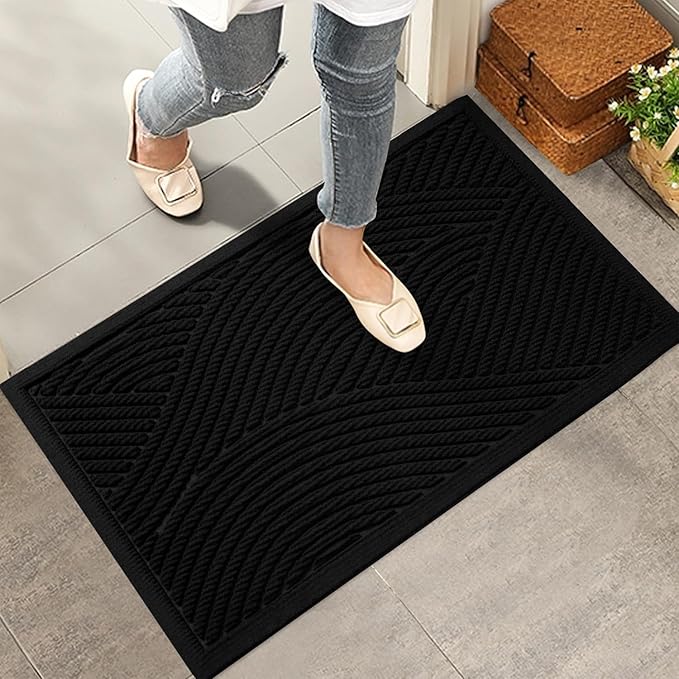 Sturdy Front Door Mat, Absorbent Muddy Dirt Resist Welcome Door Mats Outdoor Indoor, Stain and Fade Resistant, Non-Slip Backing Entry Mat Low Profile Doormat for Entryway, 29×17, Black