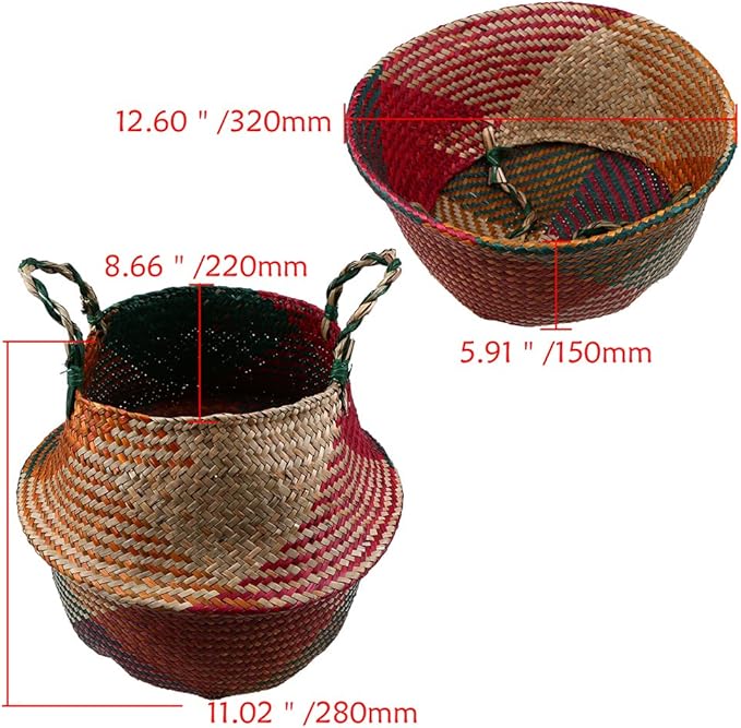 Natural Seagrass Basket - BESTCHANCEUS Seagrass Belly Basket with Handles Handmade Foldable Tote Basket for Storage,Laundry, Picnic, Plant Pot Cover, and Beach Bag Colorful 32x28CM