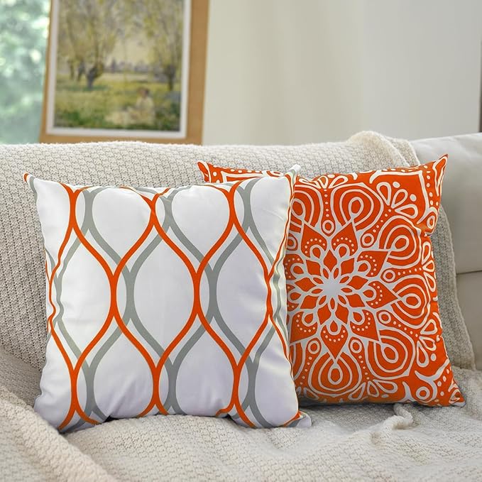 Coliuso Decorative Throw Pillow Covers 20x20 inch Set of 4,Orange and White Modern Simple Square Pillow Case Cushion Cover for Sofa Couch Farmhouse Outdoor Living Room