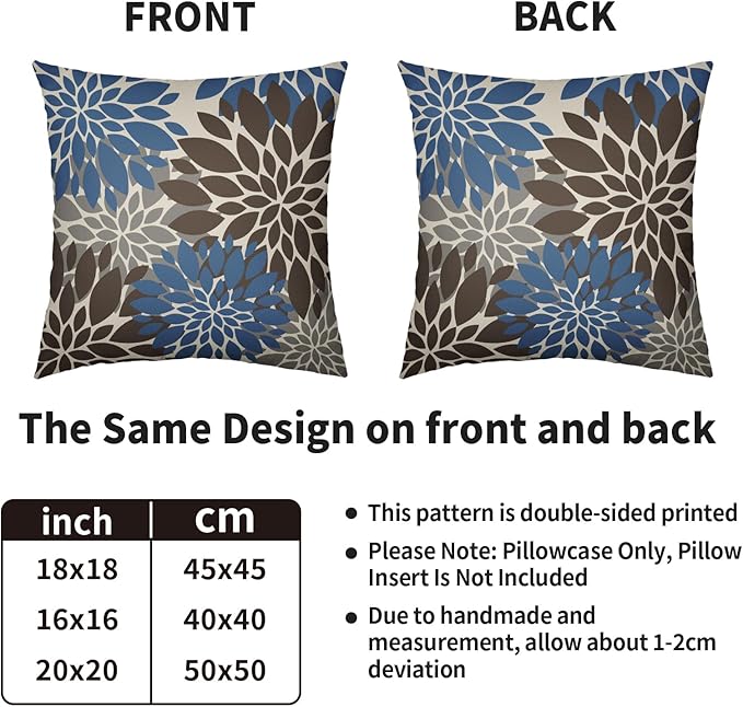 Dark Brown Blue Pillow Covers 24X24 Inch Set of 2, Spring Summer Floral Dahlia Flower Cream Decorative Throw Pillow Covers Outdoor Modern Farmhouse Cushion Case for Home Couch Sofa Bed Decor