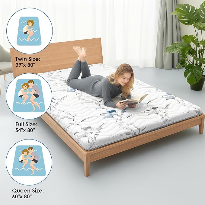 Japanese Floor Mattress, 3.5" Thicken Ink Wash Floral Pattern Portable Futon Mattress, 100% High-Density Foam Tatami Mat Sleeping Pad for Camping Guest Room Dormitory RV, White, Queen